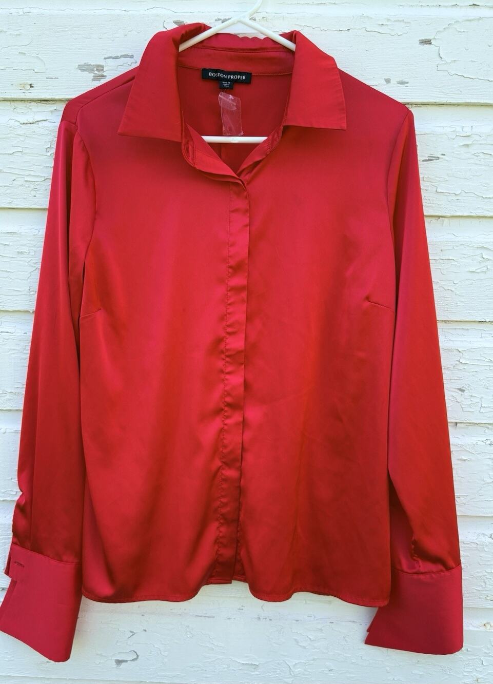 NEW Boston Proper Satin Blouse Button Down Red Womens 18 French Cuff Top